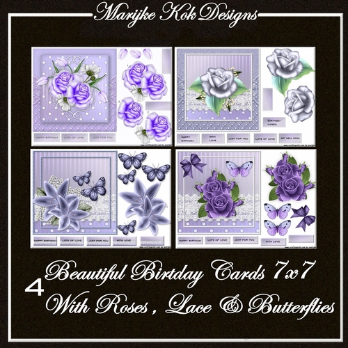 4 beautiful Birthday Cards with roses, lace & butterflies kit