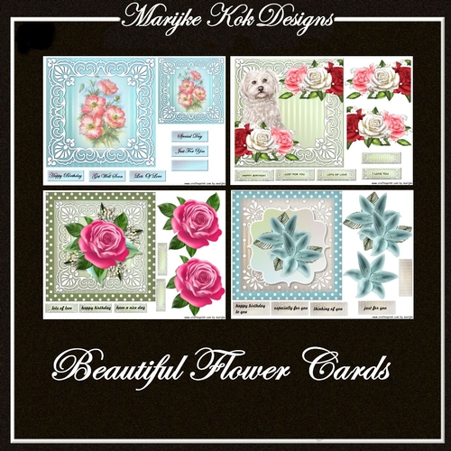 4 beautiful cards with flowers, roses and lilies