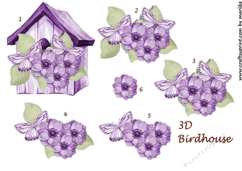 3D Birdhouse  Purple Anemones & Butterflies
