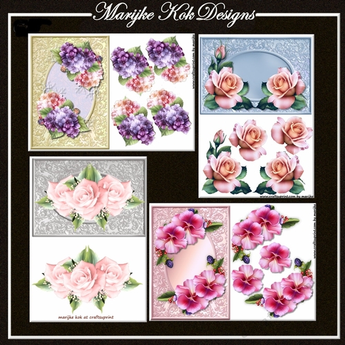 Pretty Roses, pansies and Hydrangeas kit 4 A5 cards