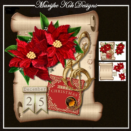 Scroll Christmas red Poinsettias 
