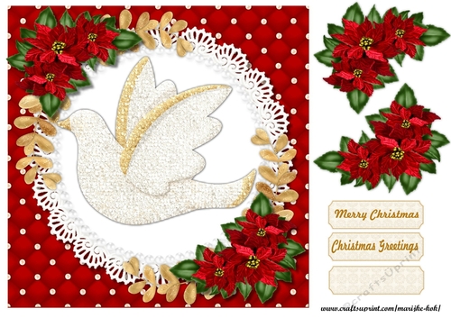 Christmas Glitter Dove  & Poinsettias Quick Card