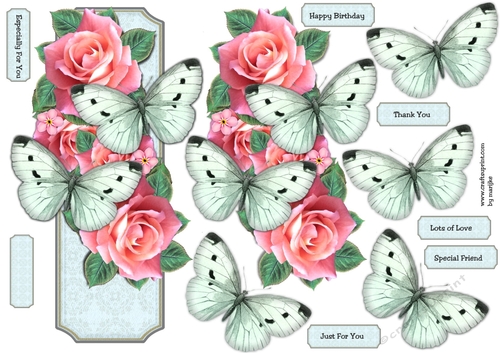 Card Topper Pink  Roses & Butterflies
