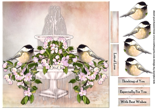 Fountain &  Pink Flowers & Birds Quick card