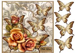 Beautiful Rosesand Butterflies in Gold Brown