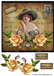 Postcard Vintage Lady Roses