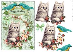 Vintage Kitten Birds and Flowers