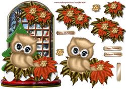 Christmas Globe Owl & Poinsettias