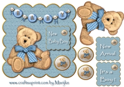 Cute Teddie new baby Boy Scallop card Topper