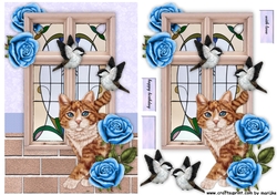 Art Deco Window Cat, birds & roses