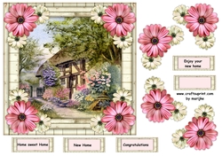 New Home Cottage in wooden frame & flowers