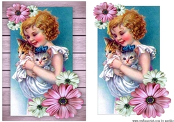 Cute Kitten card Topper Vintage Girl & Kittens