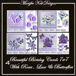 4 beautiful Birthday Cards with roses, lace & butterflies kit