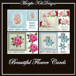 4 beautiful cards with flowers, roses and lilies