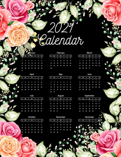Beautiful Roses on Black - 2021 Calendar