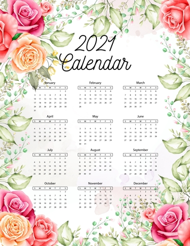 Beautiful Roses on White Watercolor - 2021 Calendar