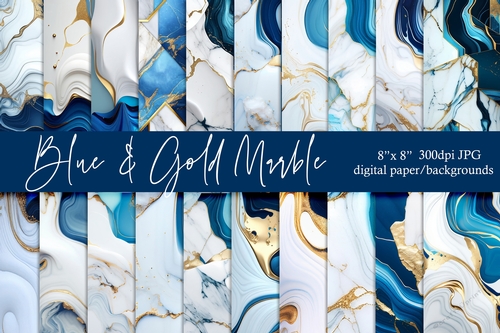 Blue and Gold Marble Digital Papers, 8x8 Marble Backgrounds 