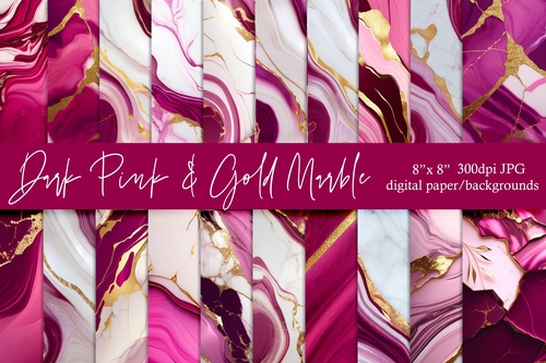 Dark Pink and Gold Marble Digital Papers, 8x8 Marble Backgrounds 