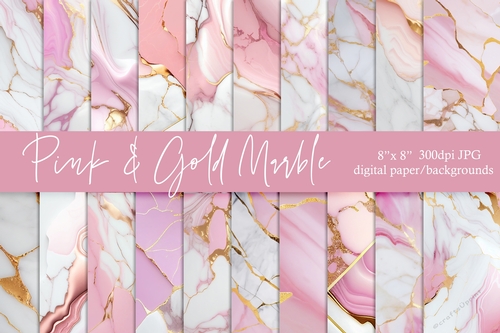 Pink and Gold Marble Digital Papers, 8x8 Marble Backgrounds 