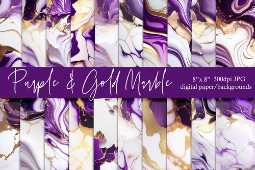 Purple and Gold Marble Digital Papers, 8x8 Marble Backgrounds 