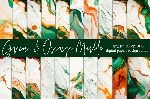 Green and Orange Marble Digital Papers, 8x8 Marble Backgrounds 