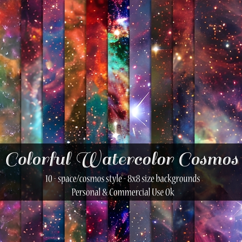 Colorful Watercolor Cosmos Digital Papers, 8x8 Space Backgrounds 