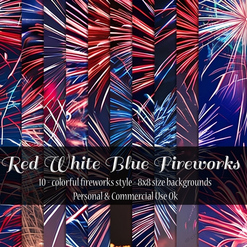 Red White Blue Fireworks Digital Papers, 8x8 Fireworks Backgrounds 