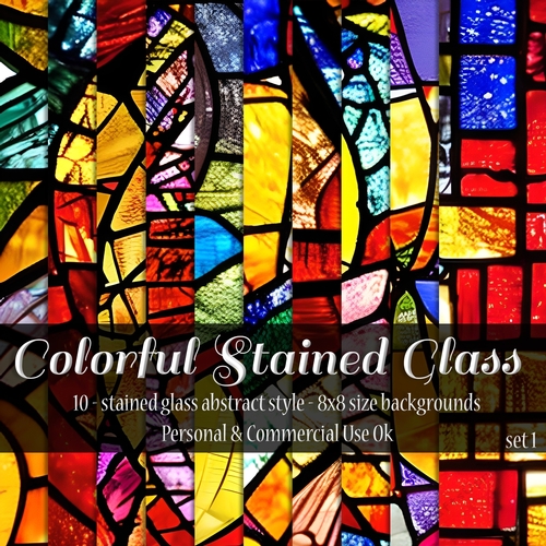 Stained Glass Abstract Digital Papers, 8x8 Glass Abstract Backgrounds 