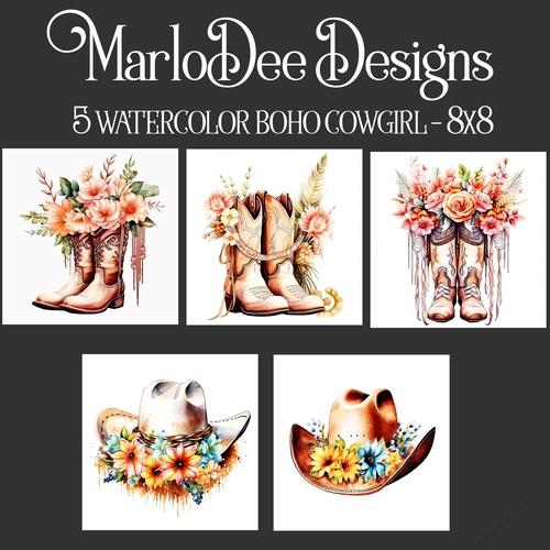 Watercolor Boho Cowgirl Boots and Hats 8x8 Backgrounds