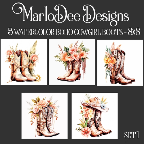 Watercolor Boho Cowgirl Boots with Flowers 8x8 Backgrounds