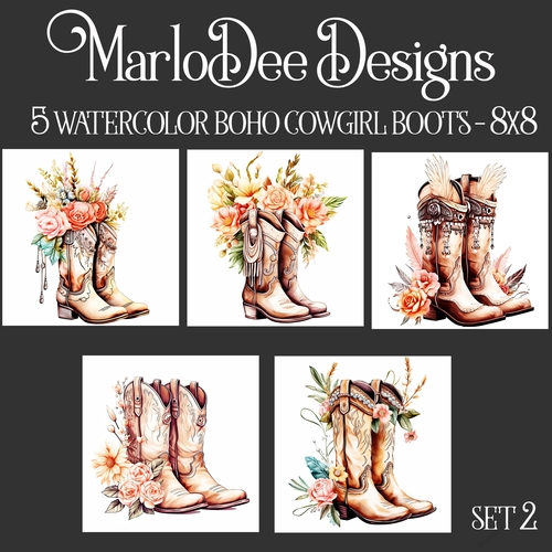 Watercolor Boho Cowgirl Boots with Flowers 8x8 Backgrounds set 2