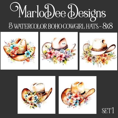 Watercolor Boho Cowgirl Hats with Flowers 8x8 Backgrounds set 1