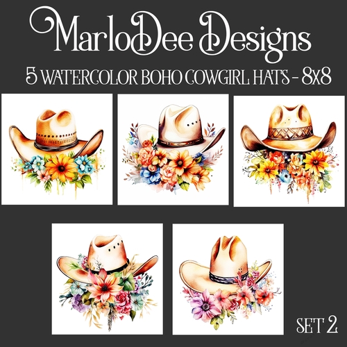Watercolor Boho Cowgirl Hats with Flowers 8x8 Backgrounds set 2
