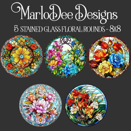 Stained Glass Floral Style 8inch Round PNG Designs - set 1