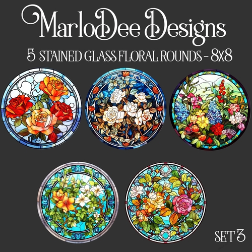 Stained Glass Floral Style 8inch Round PNG Designs - set 3