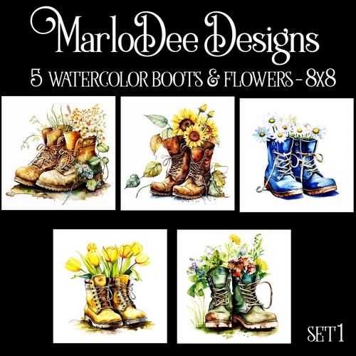 Watercolor Country Boots & Flowers 8x8 Backgrounds