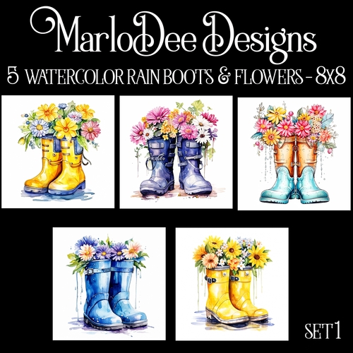 Watercolor Rain Boots & Flowers 8x8 Backgrounds
