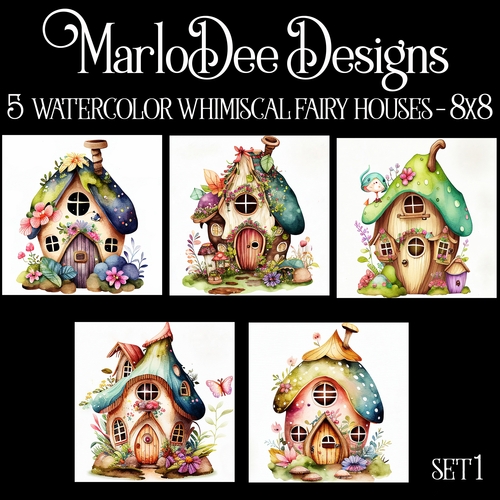 Watercolor Whimsical Fairy Houses 8x8 Backgrounds - set 1