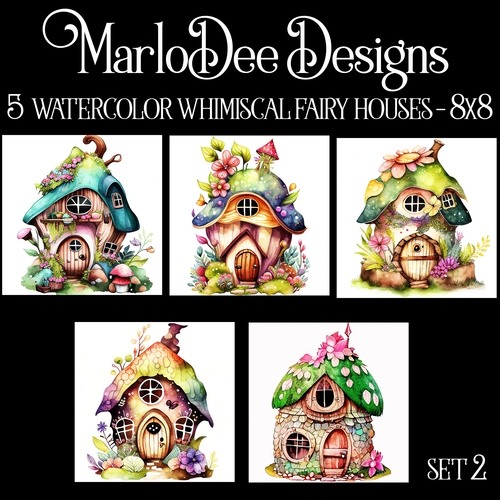 Watercolor Whimsical Fairy Houses 8x8 Backgrounds - set 2
