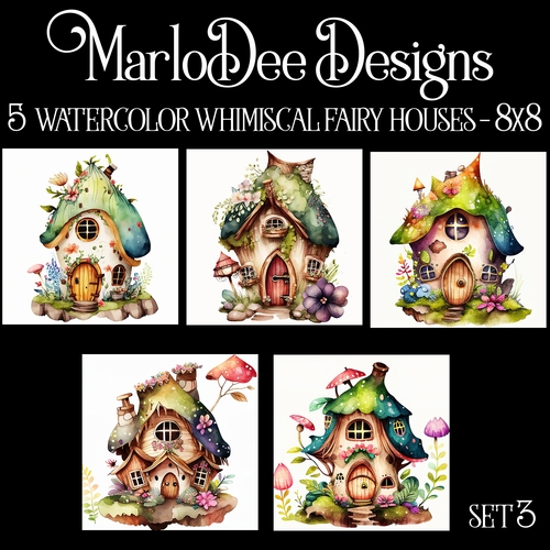 Watercolor Whimsical Fairy Houses 8x8 Backgrounds - set 3