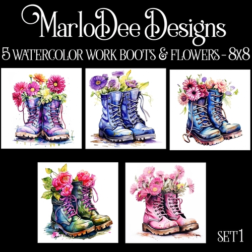 Watercolor Work Boots & Flowers 8x8 Backgrounds - set 1