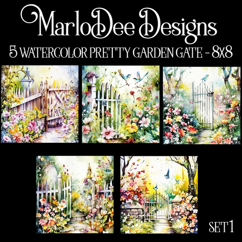 Watercolor Pretty Garden Gate 8x8 Backgrounds - set 1