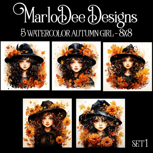 Watercolor Autumn Season Girls 8x8 Backgrounds - set 1