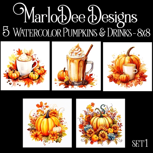 Watercolor Autumn Season Pumpkins and Drinks 8x8 Backgrounds 