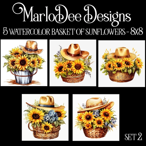 Watercolor Basket of Sunflowers and a Hat 8x8 Backgrounds 