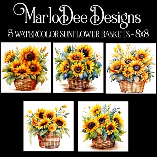 Watercolor Basket of Sunflowers 8x8 Backgrounds 