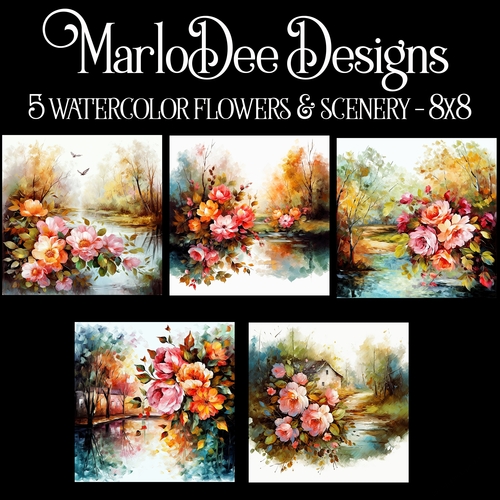 Watercolor Elegant Beautiful Flowers and Scenery 8x8 Backgrounds 