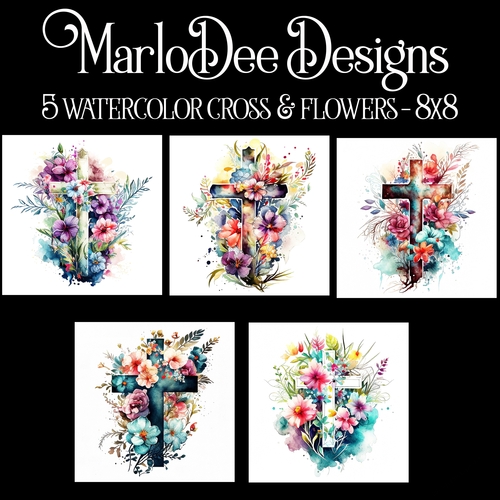 Watercolor Christian Cross with Flowers 8x8 Backgrounds