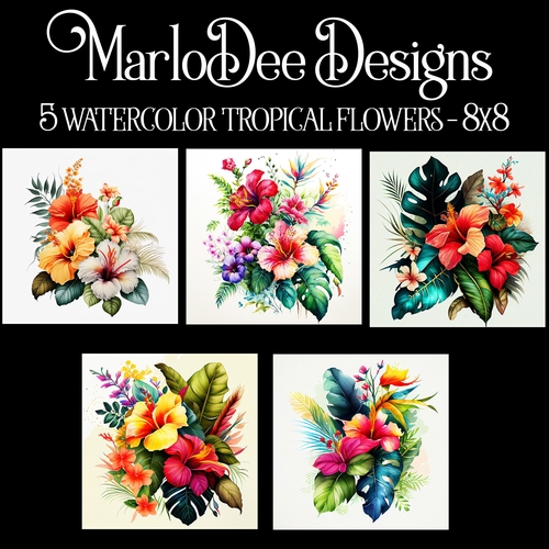 Watercolor Summer Tropical Flowers 8x8 Backgrounds