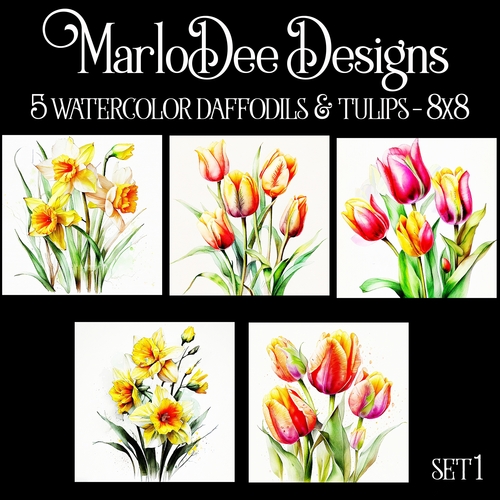 Watercolor Daffodils and Tulips Flowers 8x8 Backgrounds - set 1